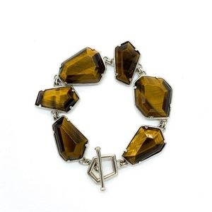 Vintage Modernist Sterling Silver Tigers Eye Geometric Link Bracelet 7.5"
